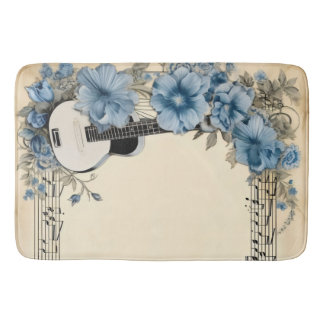 Tapis De Bain Notes de musique de guitare bleue Fleurs