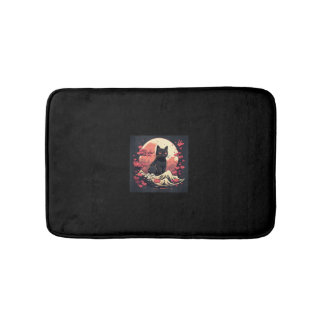 Tapis De Bain Nuit mystique Sakura_ Chat noir avec Pleine lune