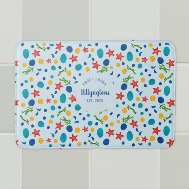 Tapis De Bain Ocean custom nom de famille maison mer collage (Custom holiday home beach sea collage bathroom mat with personalized name, year.)