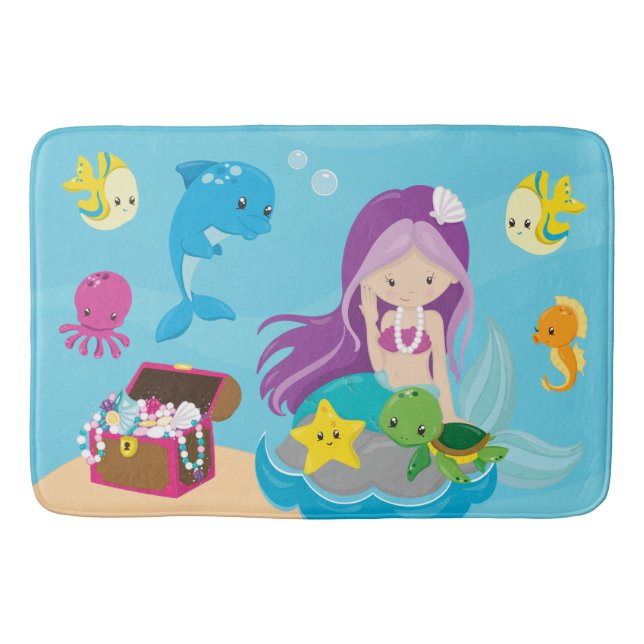 Tapis De Bain Ocean Sea Friends mignonne caricature sirène & tré (Devant)