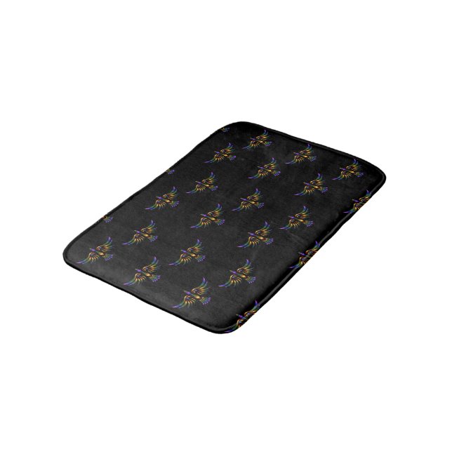 Tapis De Bain Oiseau abstrait doré, violet et vert sur noir (Angle)