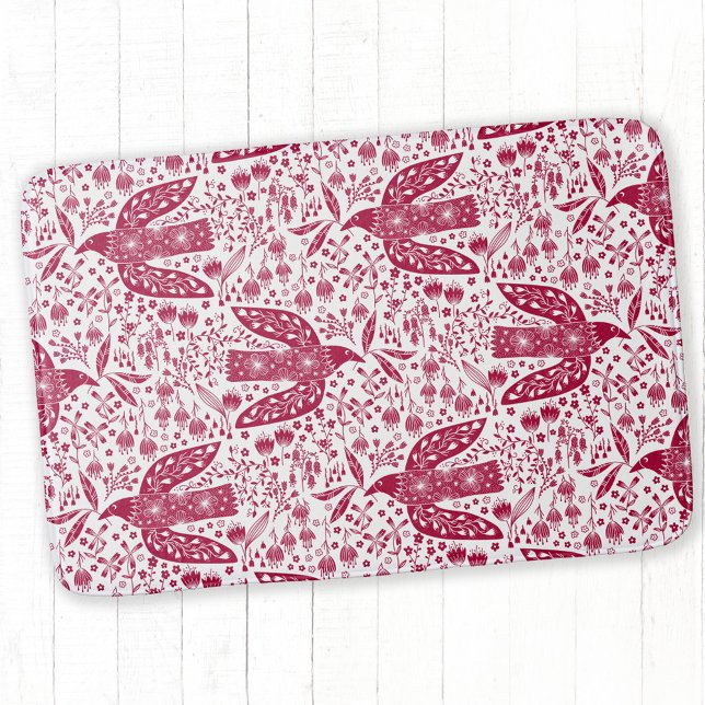 Tapis De Bain Oiseau Art Rouge Blanc (Red and white dove bird folk art  bathmat)