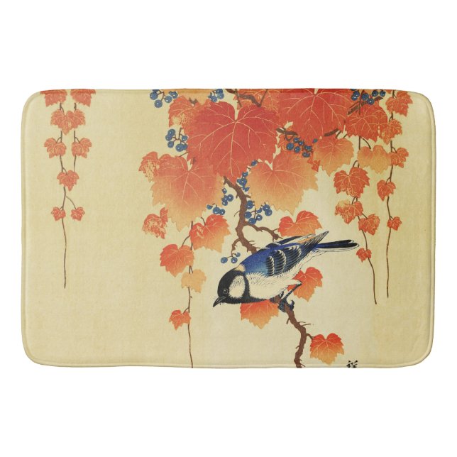 Tapis De Bain Oiseau bleu Tit, Branche de Paulownia, Feuilles ro (Devant)