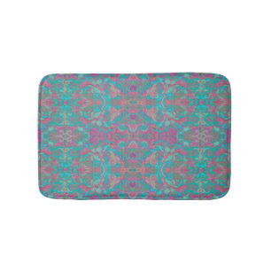 Tapis De Bain Oiseaux Arabesque Bohème Motif Turquoise rose