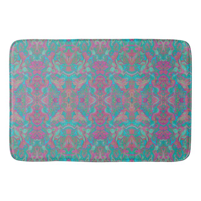 Tapis De Bain Oiseaux Arabesque Bohème Motif Turquoise rose (Devant)