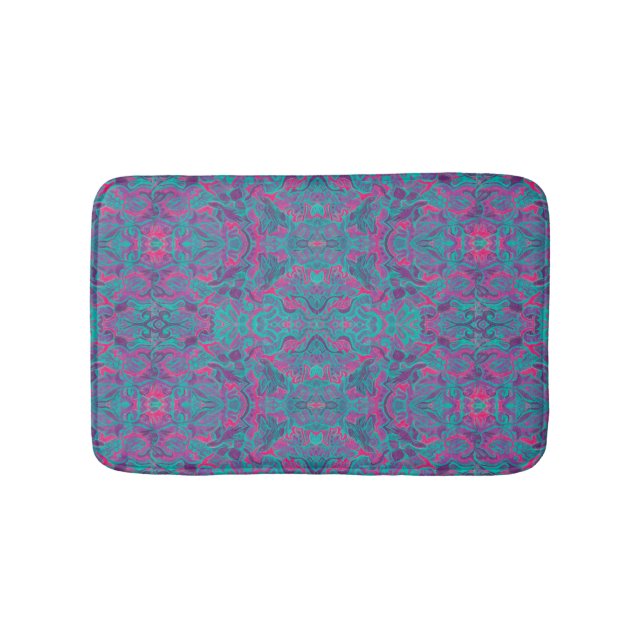 Tapis De Bain Oiseaux Arabesque Bohème Turquoise Purple Fuchsia (Devant)