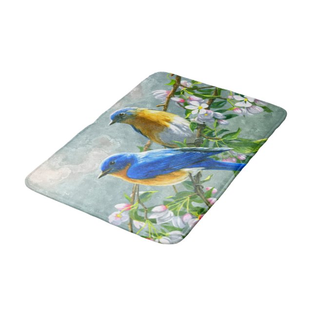 Tapis De Bain Oiseaux bleus jaunes Cerisier Fleur Arbre Peinture (Angle)