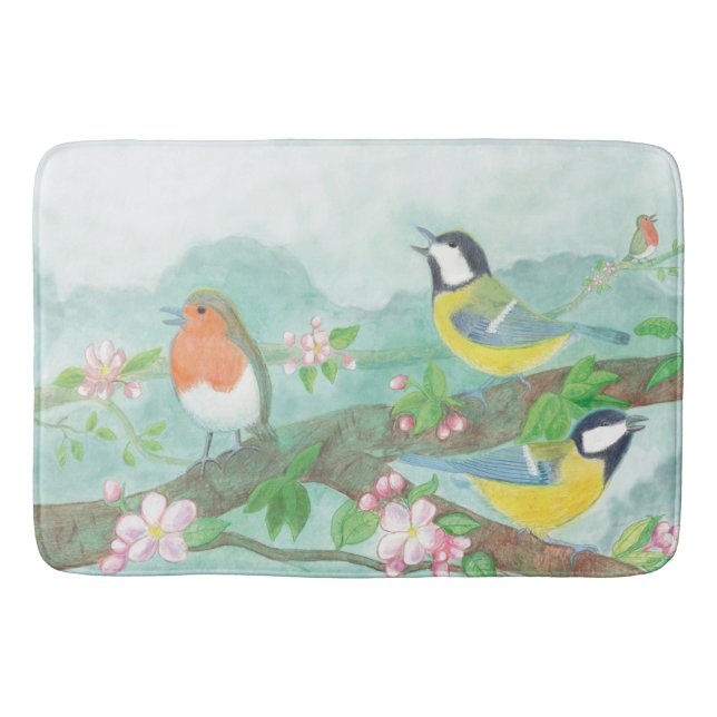 Tapis De Bain Oiseaux chantant sur une branche d'arbre en fleurs (Devant)
