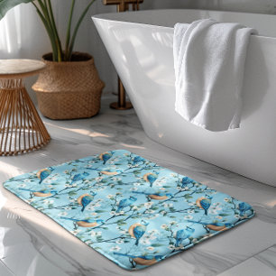 Tapis De Bain Oiseaux colorés et fleurs botaniques blanches moti