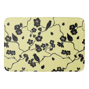 Tapis De Bain Oiseaux en fleurs de cerises Noir sur citron Jaune
