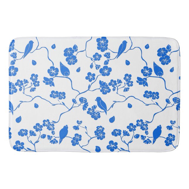 Tapis De Bain Oiseaux en fleurs de cerisiers Bleu Imprimer (Devant)