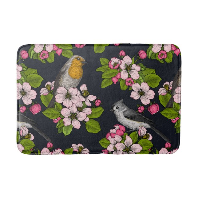 Tapis De Bain Oiseaux et fleurs en noir (Devant)