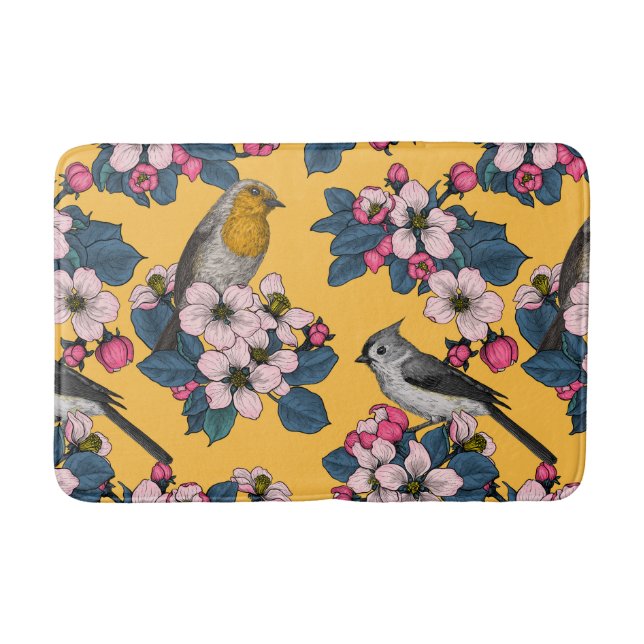 Tapis De Bain Oiseaux et fleurs sur le jaune (Devant)