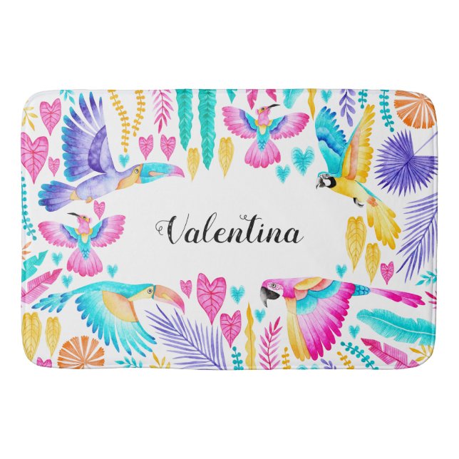 Tapis De Bain Oiseaux exotiques de la Jungle tropicale Aquarelle (Devant)
