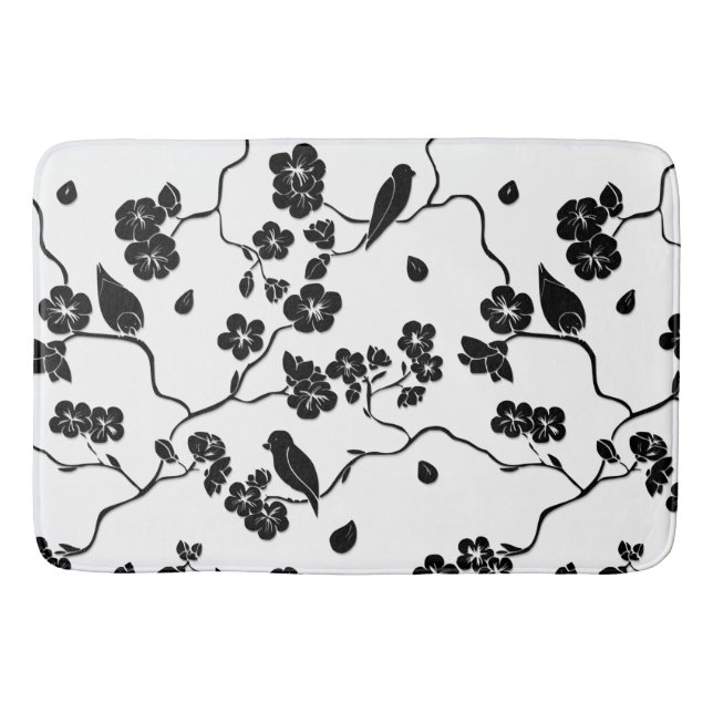 Tapis De Bain Oiseaux Motifs noirs et blancs sur les fleurs de c (Devant)