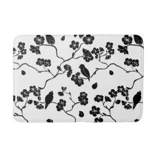 Tapis De Bain Oiseaux Motifs noirs et blancs sur les fleurs de c