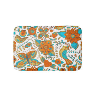 Tapis De Bain Oiseaux rétro coloré Fleurs & Motif de papillon