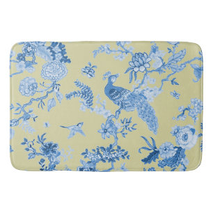 Tapis De Bain Oiseaux Toile Bleu et moutarde