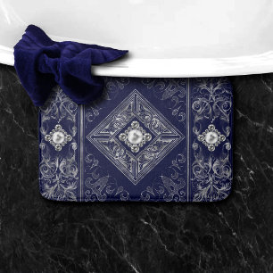 Tapis De Bain Opulence bleue et argent Ornate Bijoux baroque