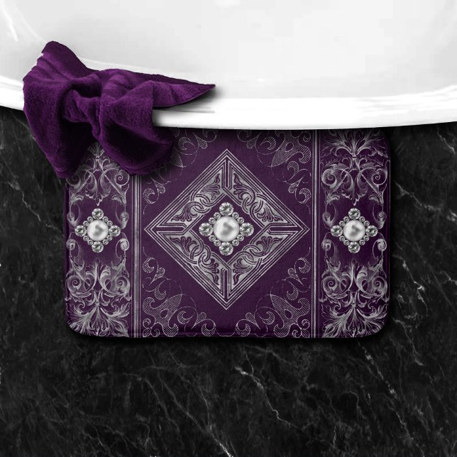 Tapis De Bain Opulence ornée | Fleurir de bijoux pourpre et arge (Créateur téléchargé)