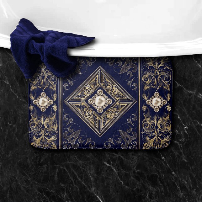 Tapis De Bain Opulence ornée | Flouris bleu et or bijoux (Créateur téléchargé)