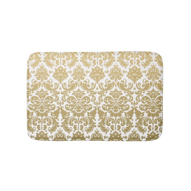 Tapis De Bain Or et motif élégant blanc de damassé (Devant)