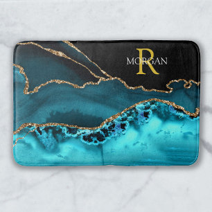 Tapis De Bain Or noir & Agate Turquoise, Monogramme & Nom