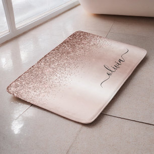 Tapis De Bain Or Rose Gold - Rose Pâle Pailleur Métal Monogramme