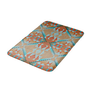 Tapis De Bain Orange Brown Aqua Turquoise Blue Tribal Art