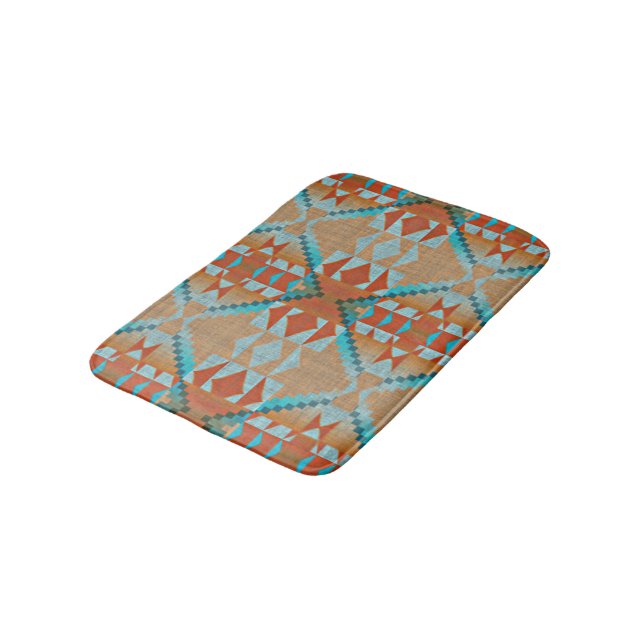 Tapis De Bain Orange Brown Aqua Turquoise Blue Tribal Art (Angle)