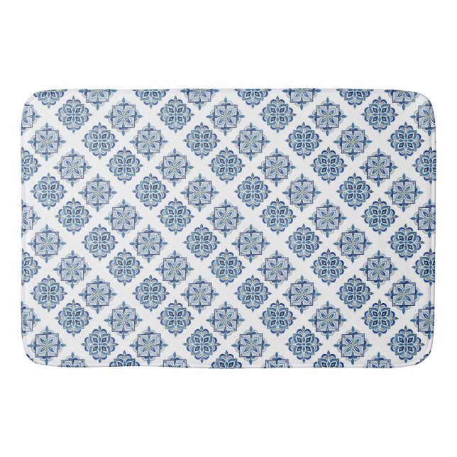 Tapis De Bain Ornement brodé bleu sur blanc (Devant)