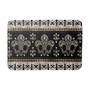 Tapis De Bain Ornement de fleurs de lis - Perle et or