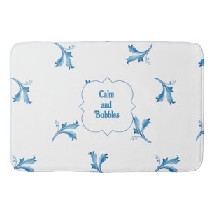 Tapis De Bain Ornements de feuilles en carreaux bleus minimalist