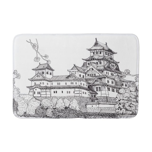 Tapis De Bain Osaka Castle Japon noir blanc illustration (Devant)