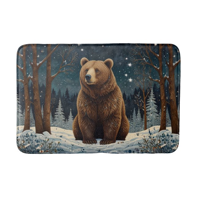 Tapis De Bain Ours brun rétro paysage d'hiver de minuit (Devant)