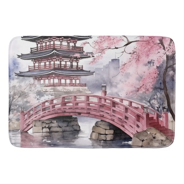 Tapis De Bain Pagode rose gris japonais Sakura fleurit (Devant)