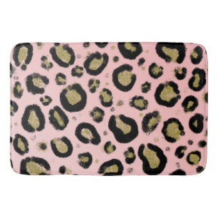 Tapis De Bain Paillettes Or Rose et Imprimé Léopard Tacheté Noir