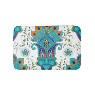 Tapis De Bain Paisley orientale, motif en plumes paon.