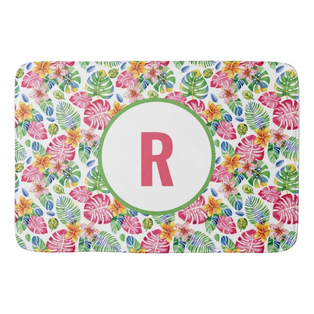 Tapis De Bain Palme tropicale Feuilles Monogramme vert rose (Devant)
