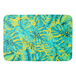 Tapis De Bain Palme tropicale jaune et turquoise Île Feuille