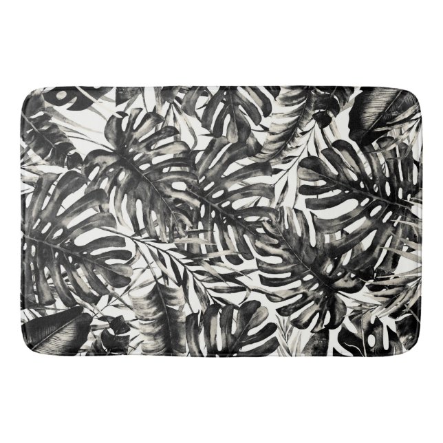 Tapis De Bain Palme tropicale noire & blanche Feuille Island Chi (Devant)