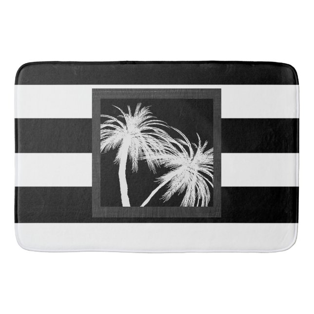 Tapis De Bain Palmiers Tropicaux Noir & Blanc Moderne Chic (Devant)