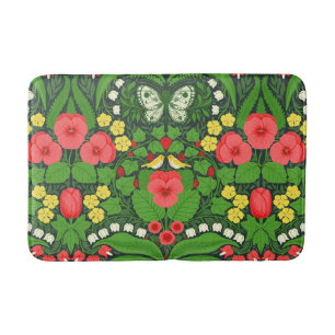 Tapis De Bain Pansies rouges, oiseaux et papillons