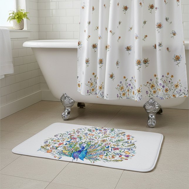 Tapis De Bain Paon floral aquarelle  (Créateur téléchargé)