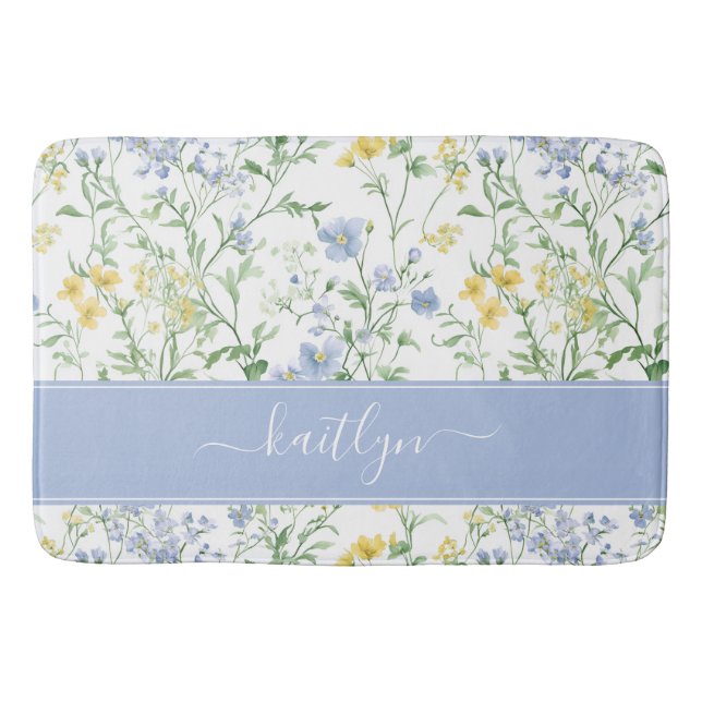 Tapis De Bain Papier Aquarelle Fleur Sauvage Monogramme (Devant)