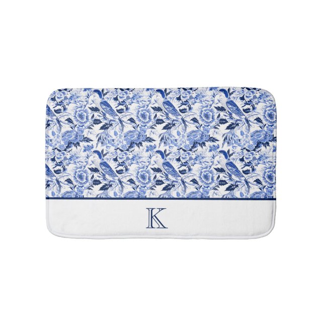 Tapis De Bain Papier Chinoiserie Monogramme Oiseau Bleu  (Devant)