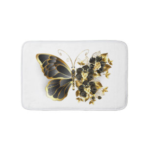 Tapis De Bain Papillon à fleurs d'or avec orchidée noire
