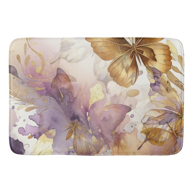 Tapis De Bain Papillon aquarelle violet et or Papillons (Devant)