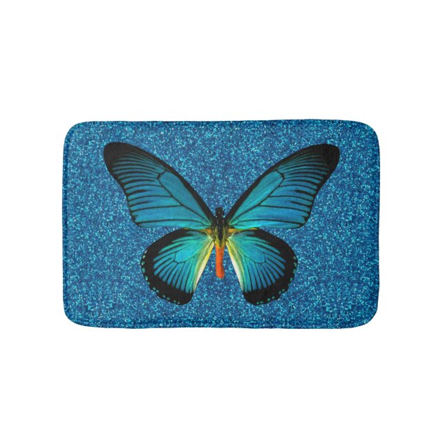 Tapis De Bain Papillon Bleu Sur Parties scintillant Bleue Mat (Devant)