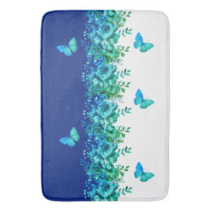Tapis de bain papillon botanique bleu